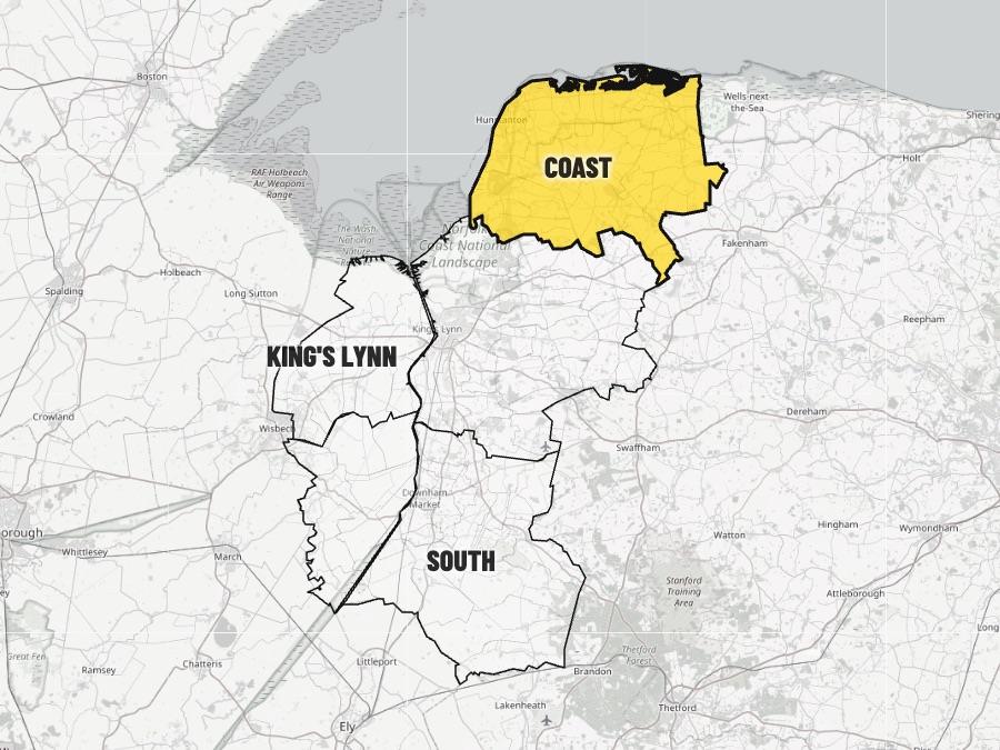Map of West Norfolk with the Coast area picked
